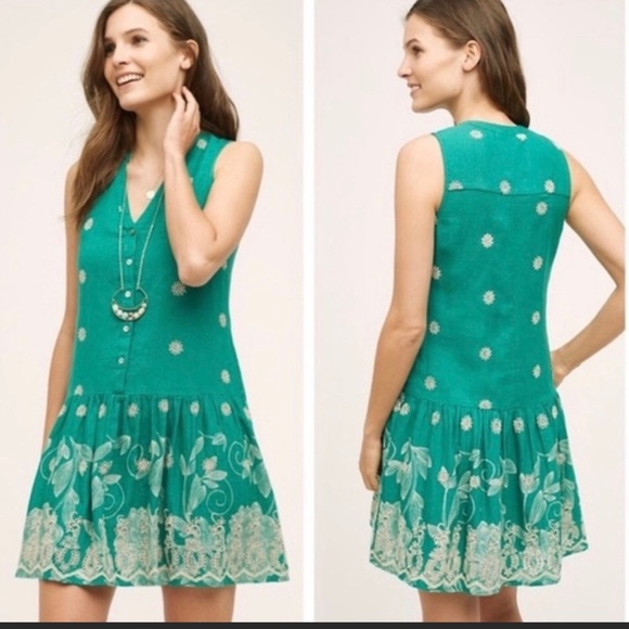 Maeve Dresses & Skirts - Anthropologie Green and white Maeve drop waist Dress